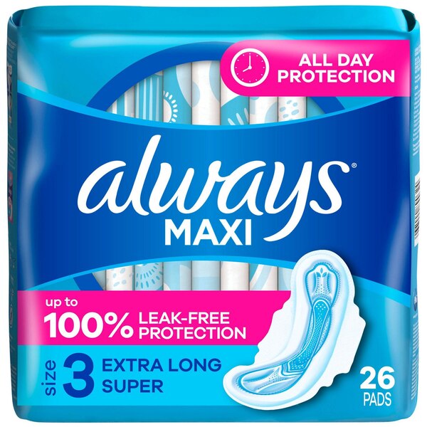 Always Maxi Pads Size 3 Extra Long Super Absorbency Unscented with Wings, 26 Count
