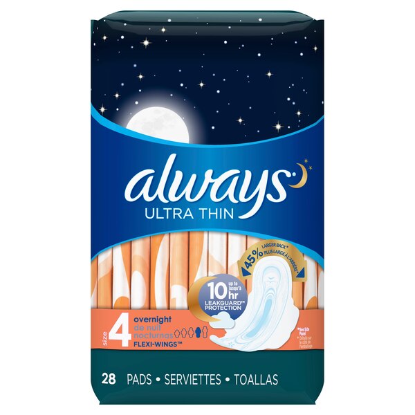 Always Ultra Thin Size 4 Pads with Wings, Unscented, Overnight