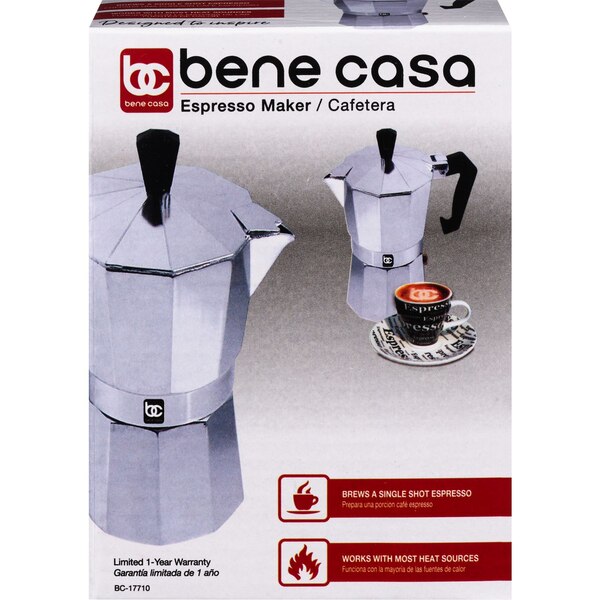 Bene Casa Stovetop Espresso Maker With Side Pour Spout, 1-Cup Capacity, Aluminum