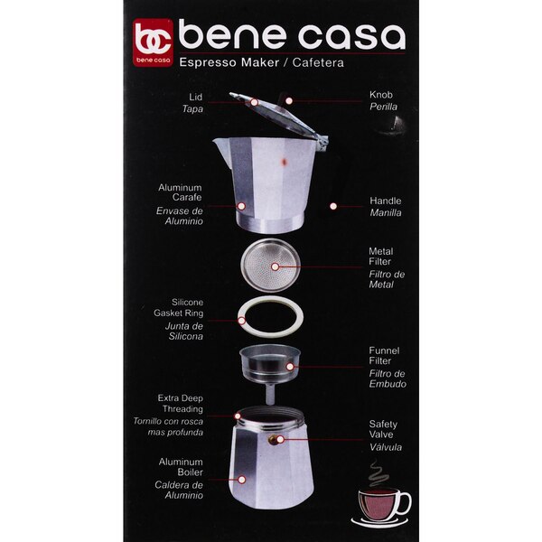 Bene Casa Stovetop Espresso Maker With Side Pour Spout, 1-Cup Capacity, Aluminum