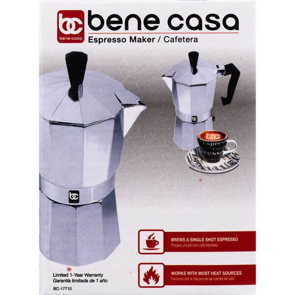 Bene Casa Stovetop Espresso Maker With Side Pour Spout, 1-Cup Capacity, Aluminum