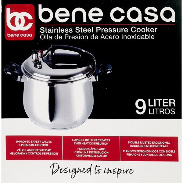 Bene Casa Stove Top Pressure Cooker, Stainless Steel, 9 LT