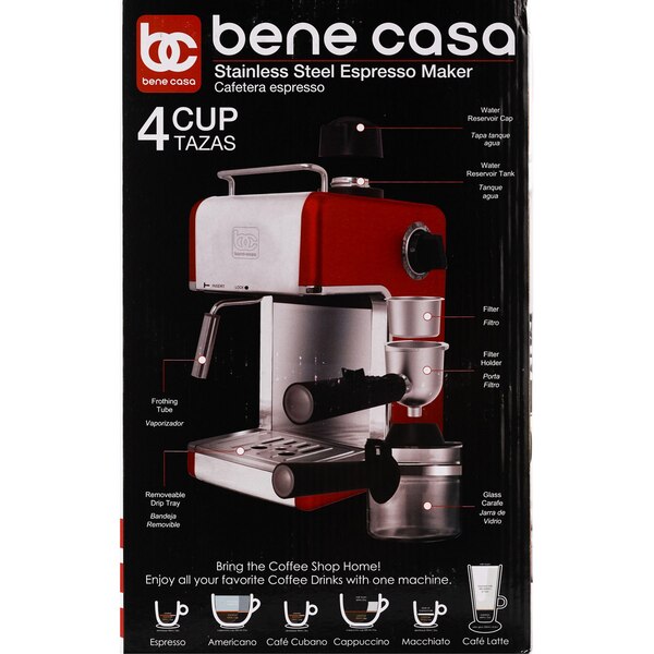 Bene Casa Espresso Maker with Frother, Red, 4 CUP