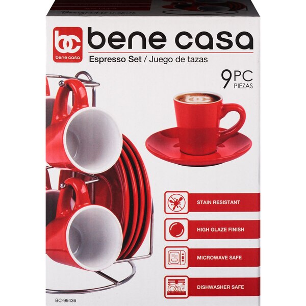 Bene Casa 9-Piece Espresso Set With Metal Rack, Red