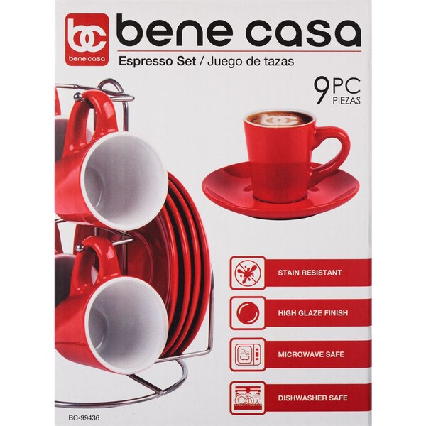 Bene Casa 9-Piece Espresso Set With Metal Rack, Red
