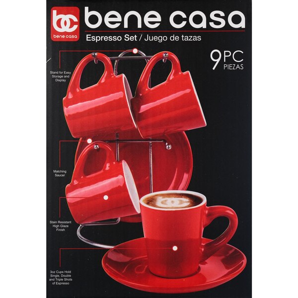 Bene Casa 9-Piece Espresso Set With Metal Rack, Red