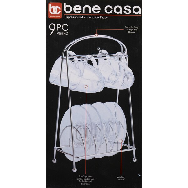 Bene Casa Espresso Set with Rack, Clear Glass, 9 PC