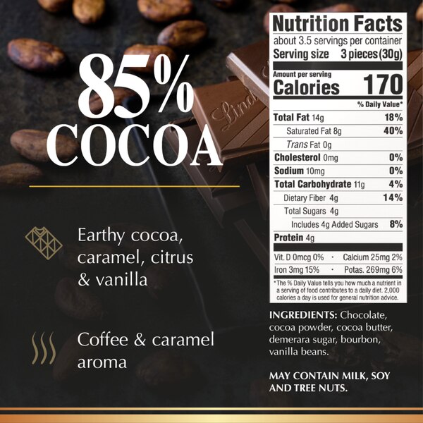 Lindt Excellence 85% Cocoa Dark Chocolate Candy Bar, Dark Chocolate, 3.5 oz