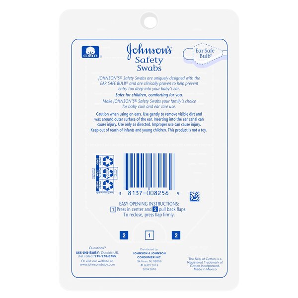 Johnson's Baby Safety Ear Swabs Made with Non-Bleached Cotton, 55 CT