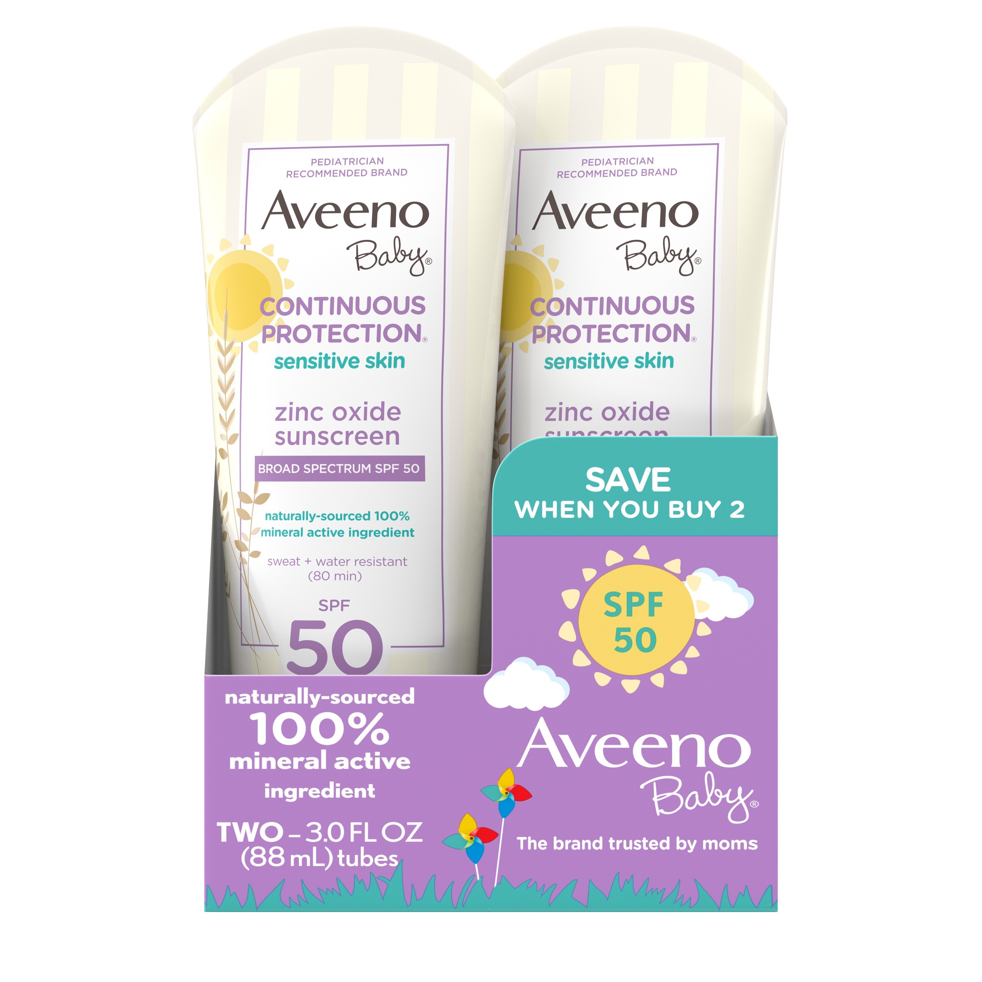 Aveeno Baby Continuous Protection Sunscreen, SPF 50, 2 x 3 fl. oz
