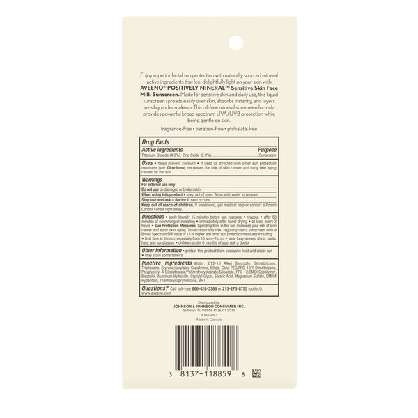 Aveeno Positively Mineral Sensitive Skin SPF 40+ Face Milk, 1.4 OZ