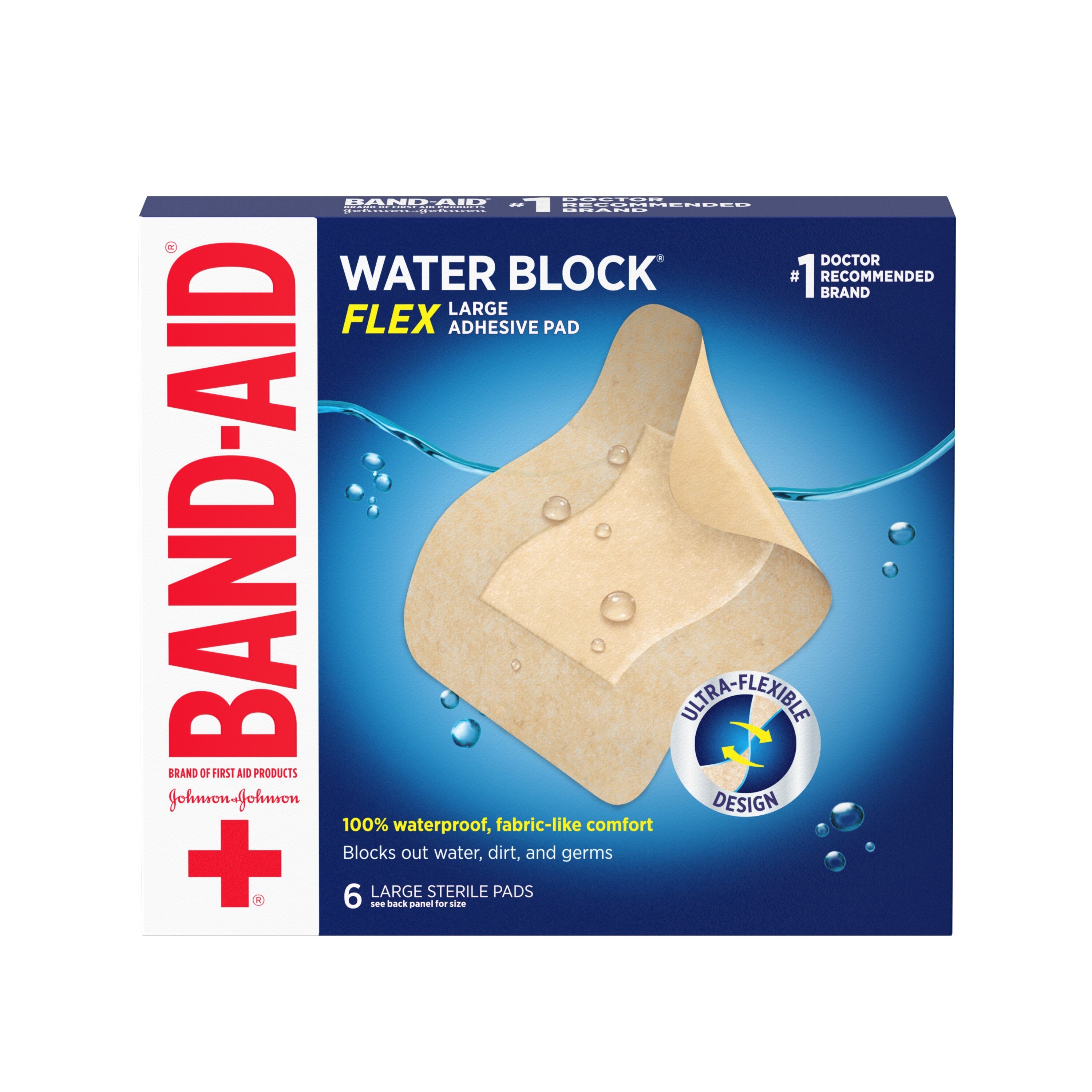 Band-Aid Brand Water Block Flex Waterproof Adhesive Pads, Large, 6 CT