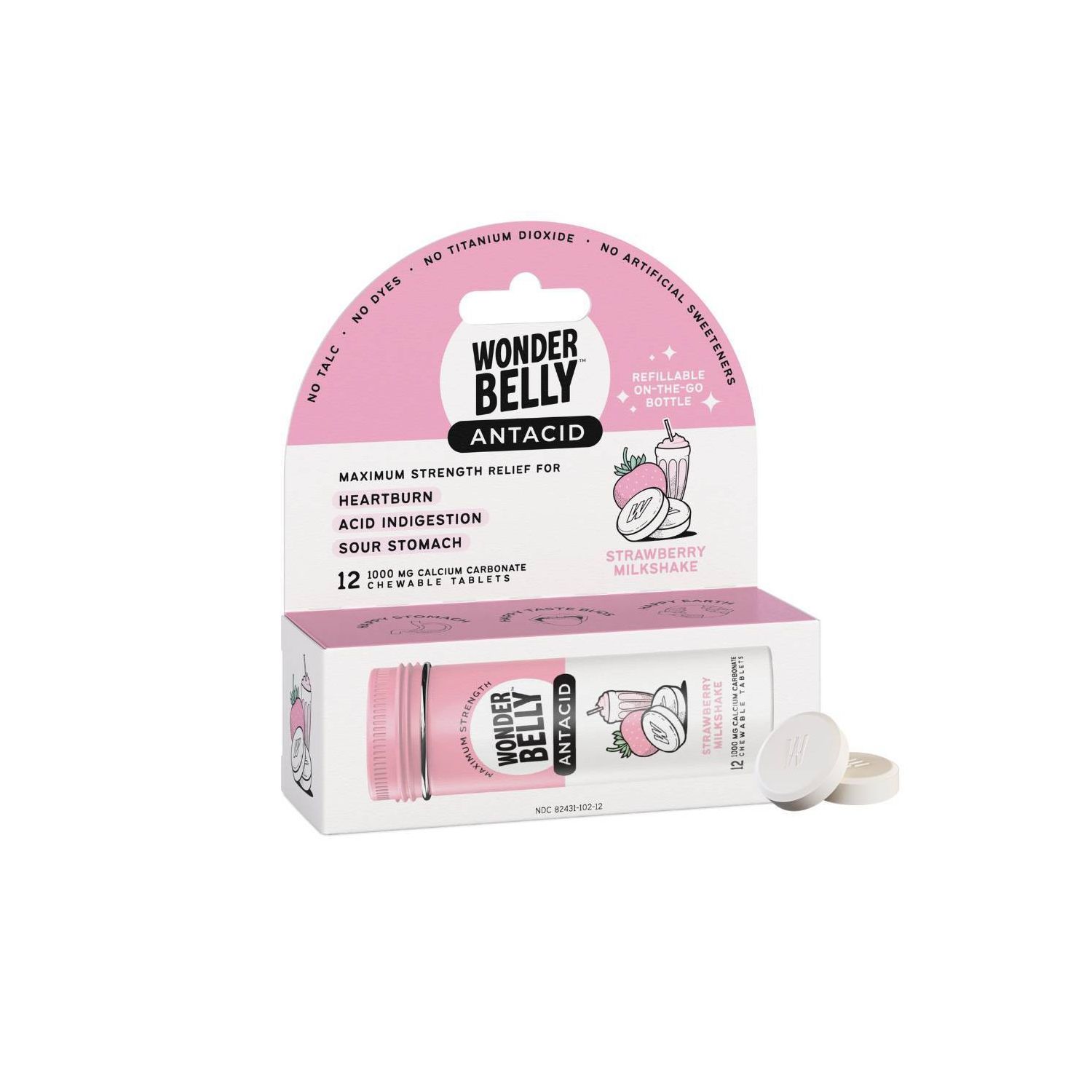 Wonderbelly Antacid Chew, Strawberry Milkshake, Travel Size, 12 CT