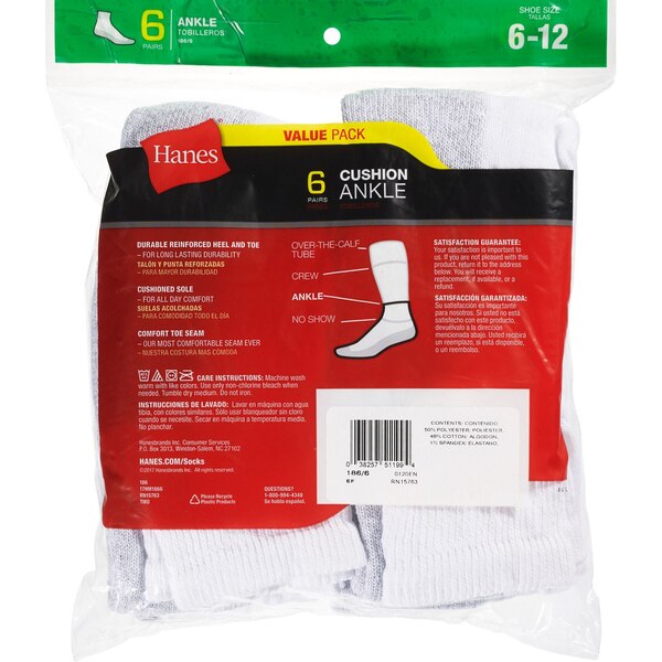 Hanes Socks Men's Ankle Half Cushion Size 6-12 White