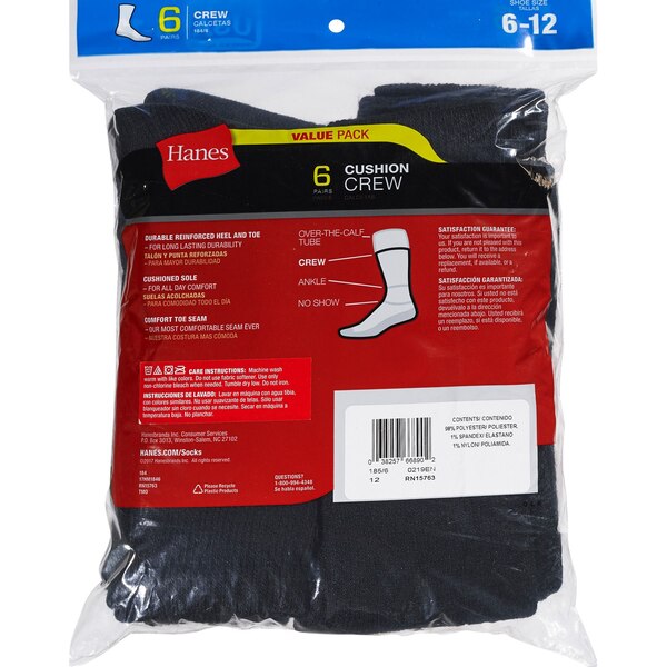 Hanes Men's Cusion Black Socks Size 6-12