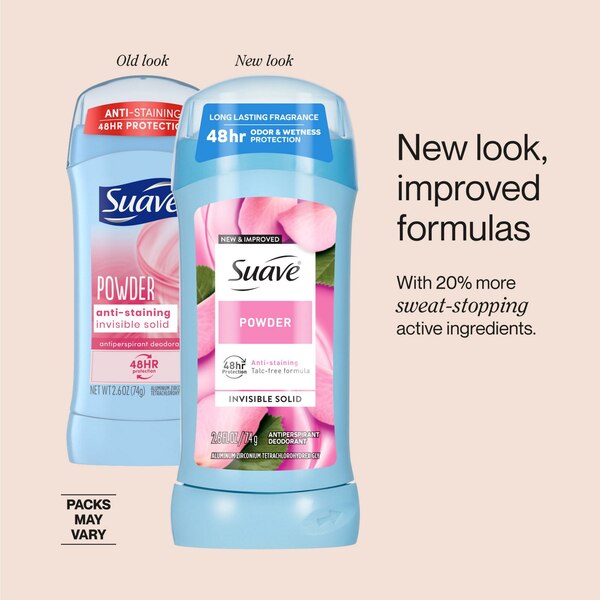 Suave Invisible Solid Antiperspirant Deodorant Stick, Powder, 2.6 OZ