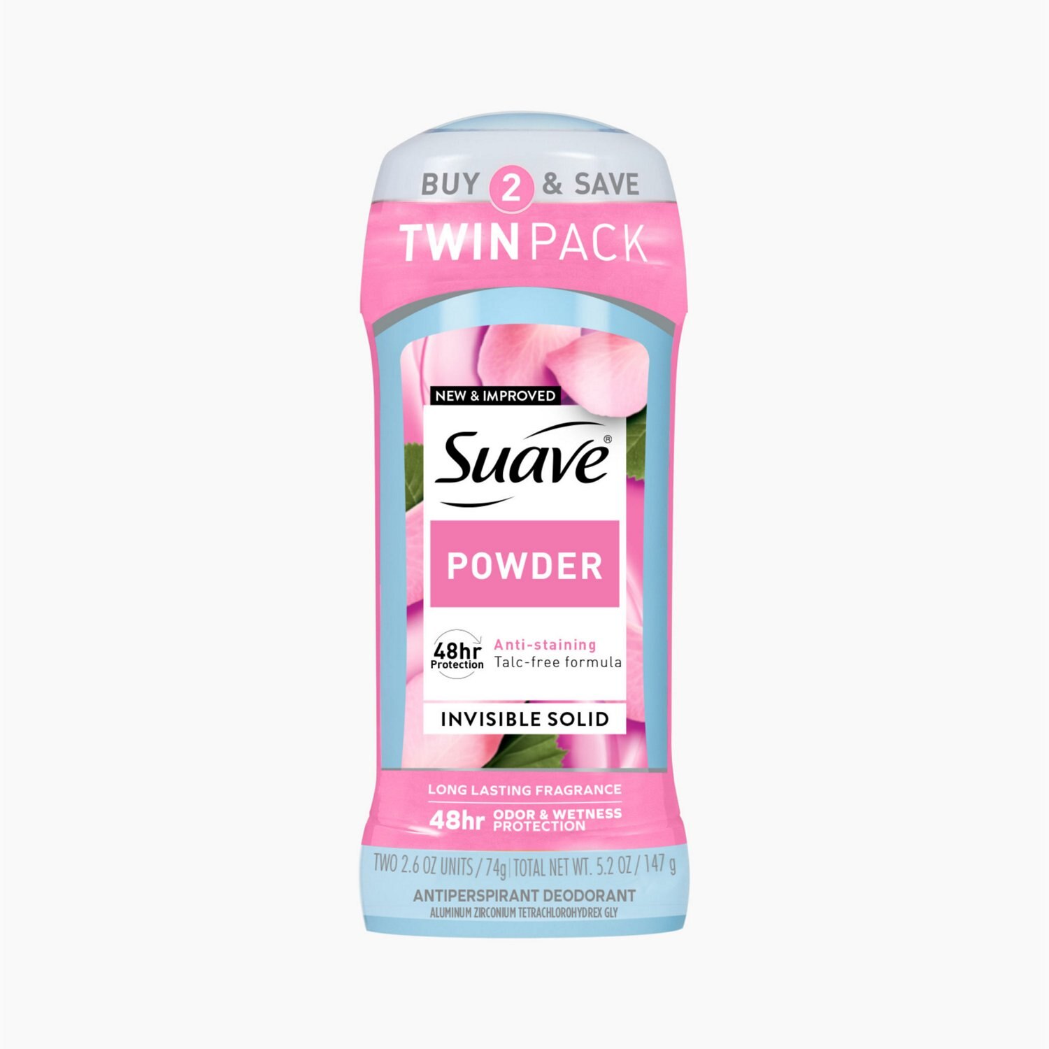 Suave Invisible Solid Antiperspirant Deodorant Stick, Powder, 2.6 OZ, 2 Pack