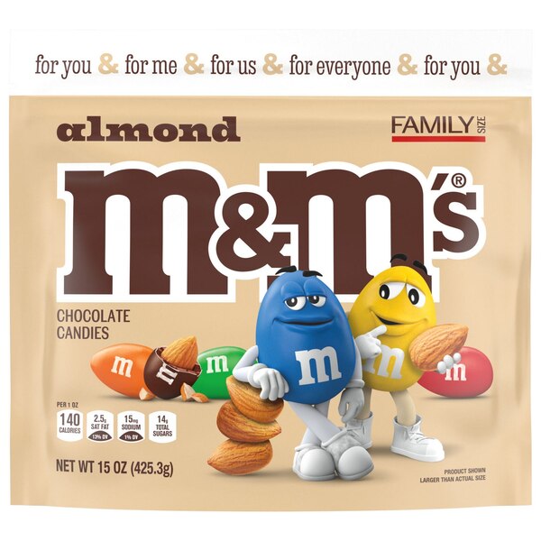 M&M'S Almond Milk Chocolate Candy, Family Size, Resealable Bulk Candy Bag, 15 oz