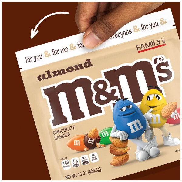 M&M'S Almond Milk Chocolate Candy, Family Size, Resealable Bulk Candy Bag, 15 oz