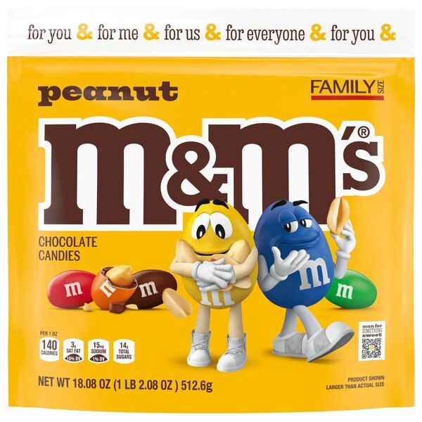 M&M'S Peanut Milk Chocolate Candy, Family Size, 18.08 oz