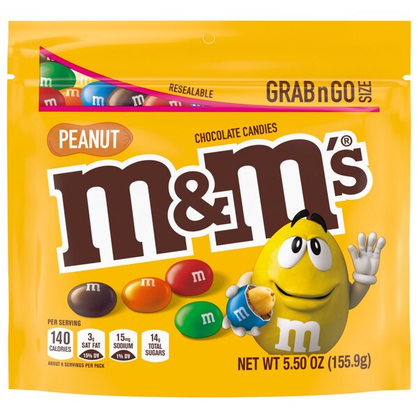 M&M's Peanut Milk Chocolate Candy, Grab & Go Size, 5.5 Oz