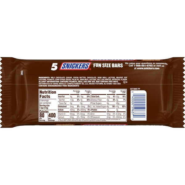 Snickers, Fun Size Chocolate Candy Bars, 5 ct, 2.6 oz 
