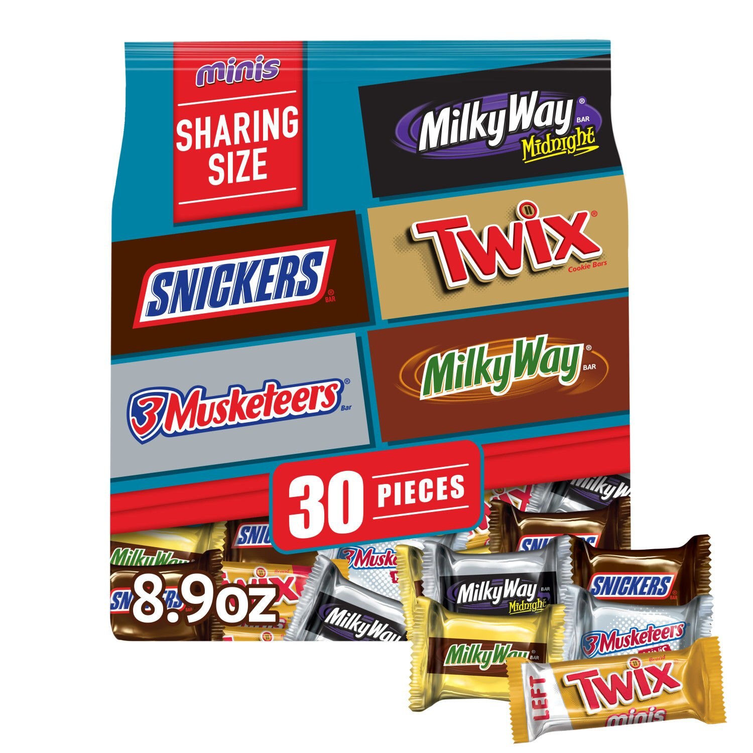 Snickers, Twix, 3 Musketeers, Milky Way, and Milky Way Midnight Assorted Chocolate Halloween Candy Bars, 8.9oz image.