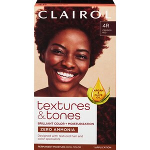 Clairol Textures & Tones Permanent Hair Dye, 4R Crimson Red, 1B Silken Black, 5G Caramel Brown, 8RO Sunset Copper, 2BB Midnight Blue, 1N Natural Black, 7G Luminous Blonde, 6G Honey Blonde, 2N Mocha Brown, Berry Burgundy 4RV