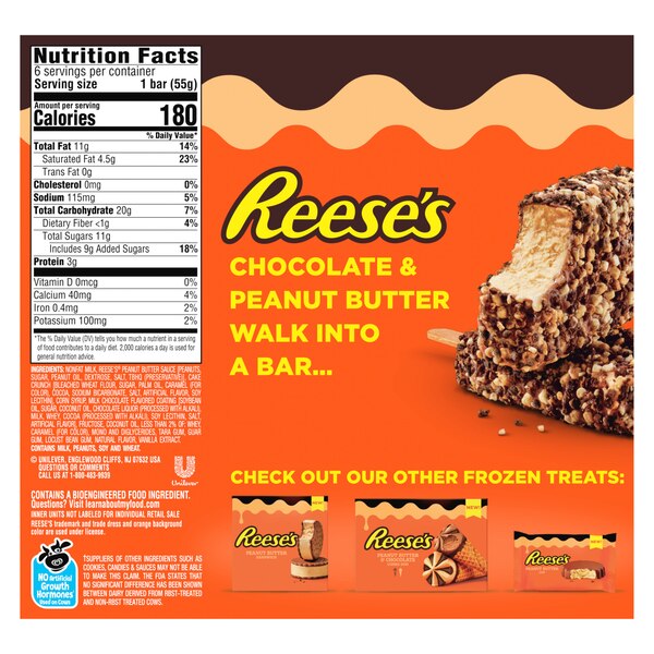 Reese's  Milk Chocolatey Coating and Cake Crumbs Peanut Butter Frozen Dairy Dessert Bar, 6 CT