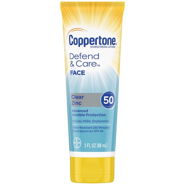 Coppertone Defend & Care Sunscreen Clear Zinc Face Lotion Broad Spectrum, SPF 50
