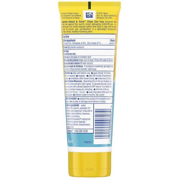 Coppertone Defend & Care Sunscreen Clear Zinc Face Lotion Broad Spectrum, SPF 50