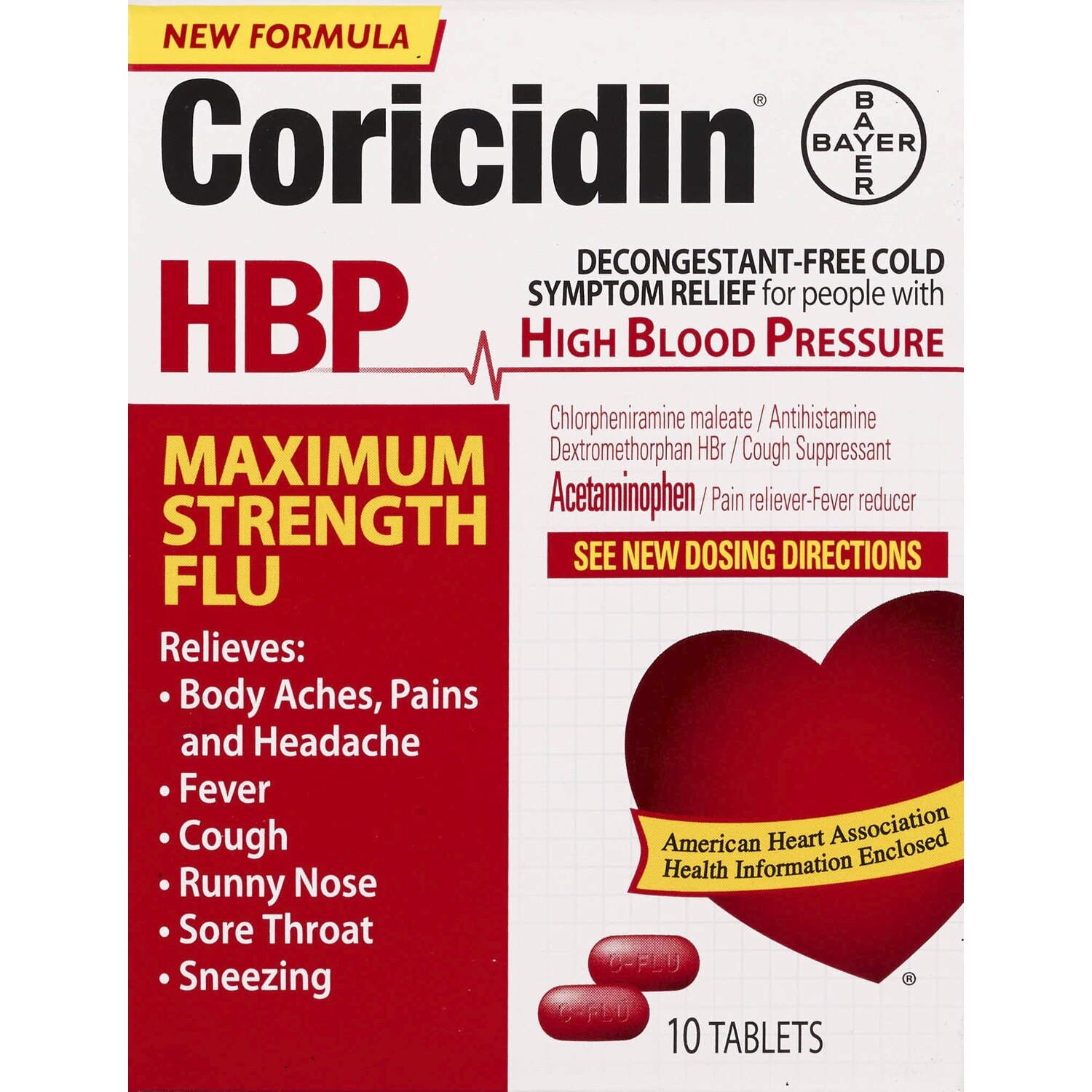 Coricidin HBP, Decongestant-Free Cold Symptom Relief, Maximum Strength Flu Tablets, 10 CT