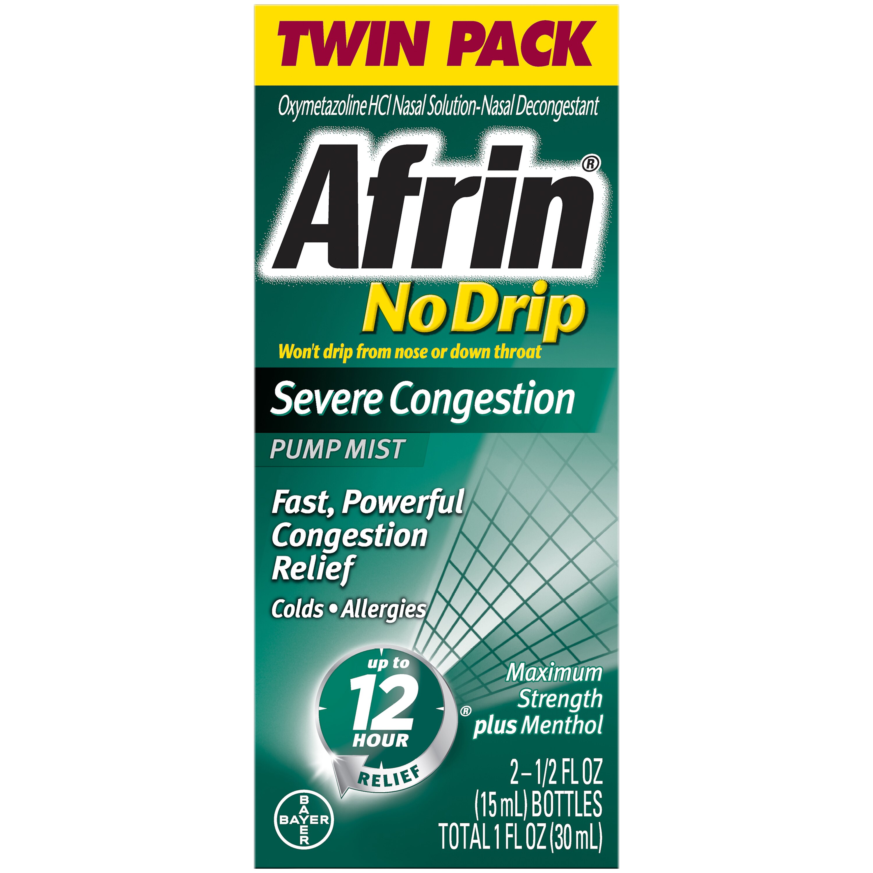 Afrin No Drip Severe Congestion Pump Nasal Mist Twin Pack, Fast & Powerful Congestion Relief, 2 bottles, 0.5oz (15mL) Each