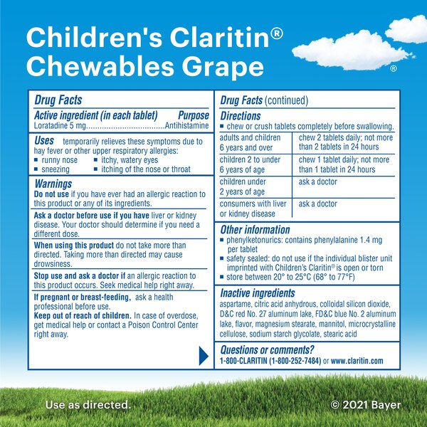 Claritin Children's Non-Drowsy 24HR Allergy Relief Chewable Tablets, Grape