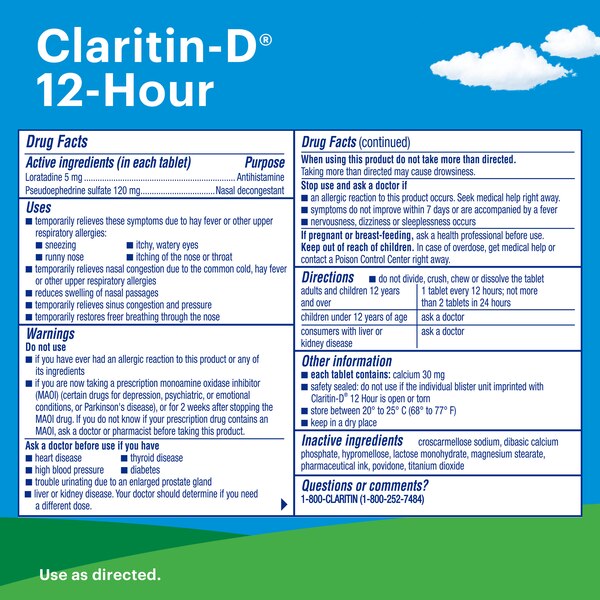 Claritin-D 12 Hour Non-Drowsy Indoor & Outdoor Allergies, Allergy & Congestion Extended Release Tablets