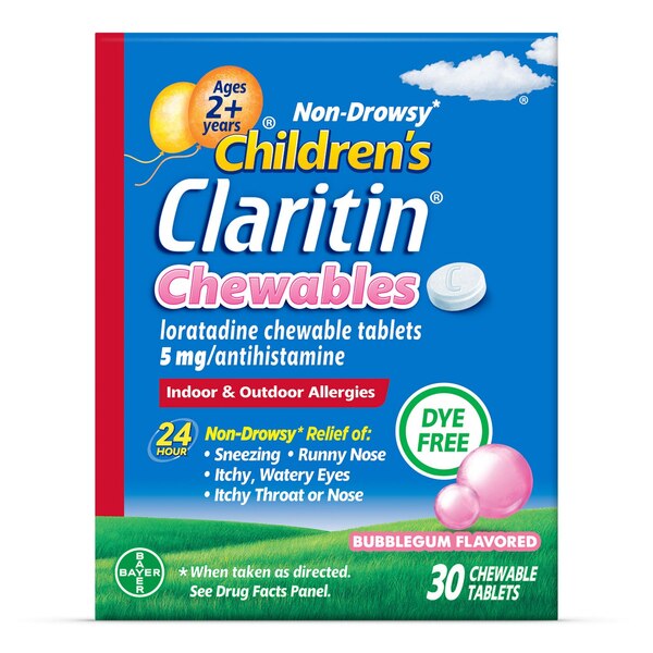 Claritin Children's Non-Drowsy 24HR Allergy Relief Chewable Tablets, 5mg Loratadine, Bubblegum, 30 CT