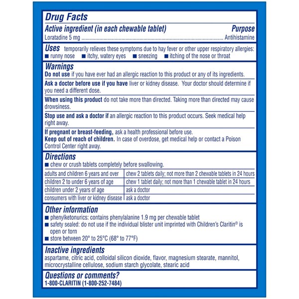 Claritin Children's Non-Drowsy 24HR Allergy Relief Chewable Tablets, 5mg Loratadine, Bubblegum, 30 CT