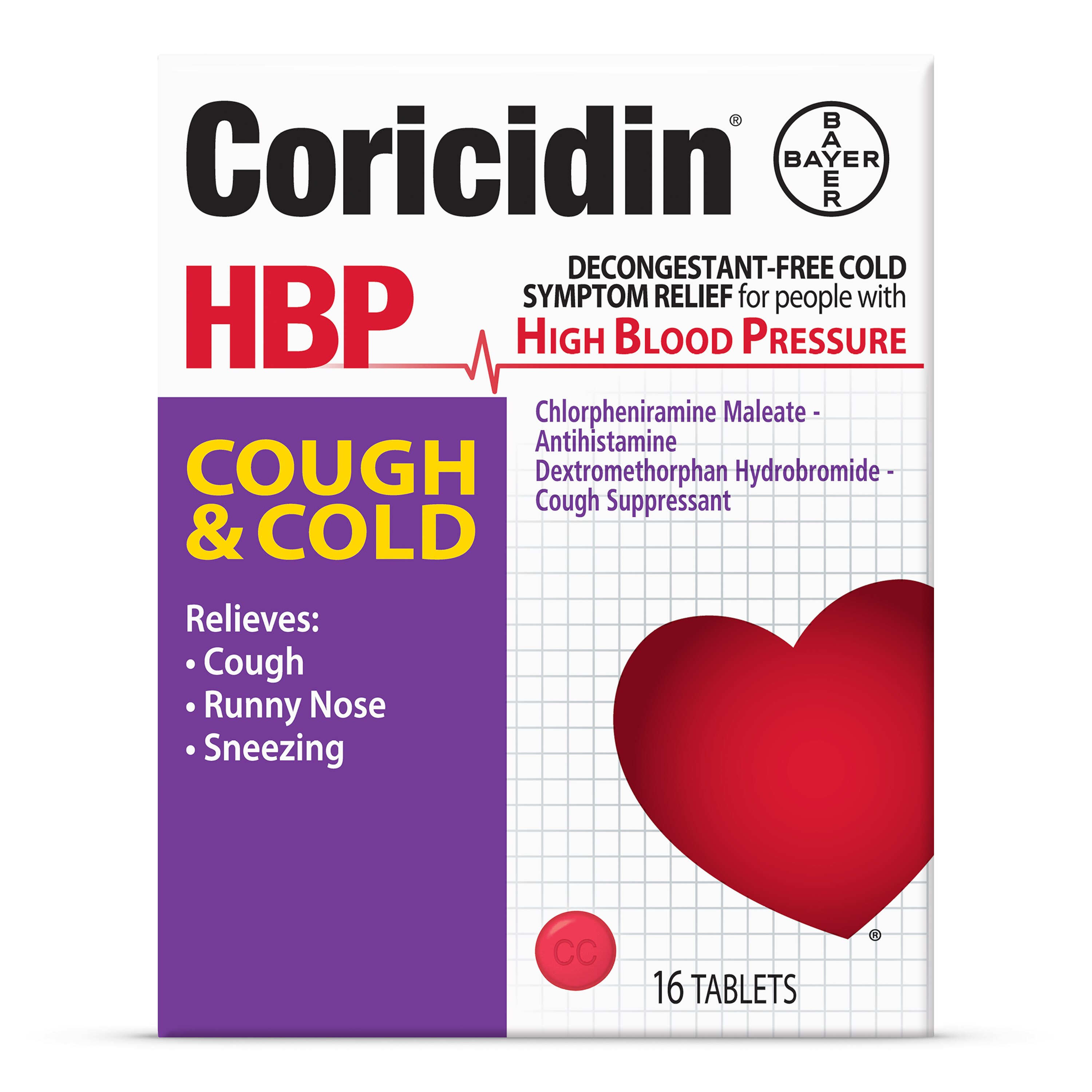 Coricidin HBP Cough & Cold - Medicamento para la tos y el resfriado sin descongestivos, para hipertensos, 16 u.