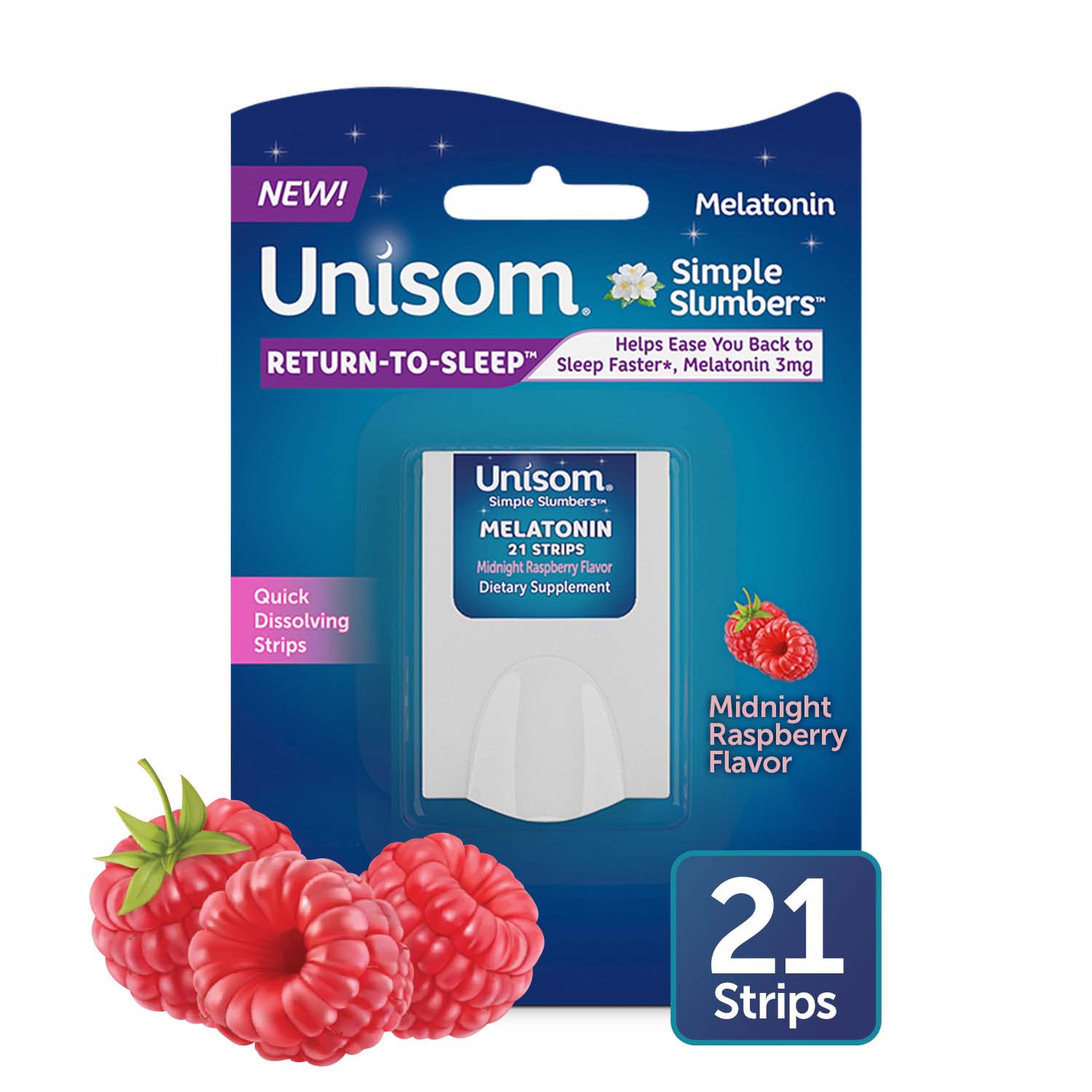 Unisom Simple Slumbers Return-to-Sleep Melatonin Strips, Midnight Raspberry, 21 CT