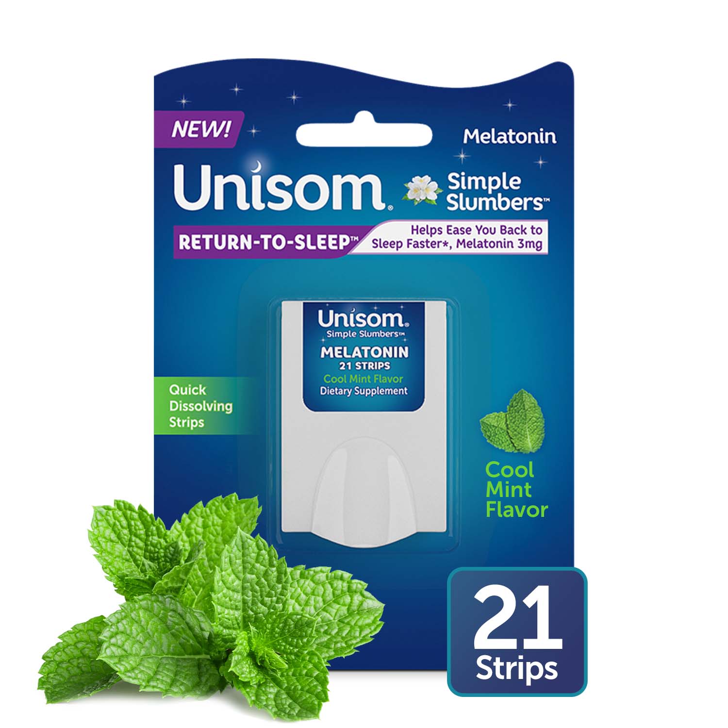 Unisom Simple Slumbers Return-to-Sleep Melatonin Strips, Cool Mint, 21 CT
