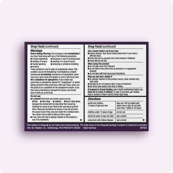Allegra Hives Non-Drowsy 24HR Hive Reduction & Itch Relief, 180mg Fexofenadine HCl, 30 CT