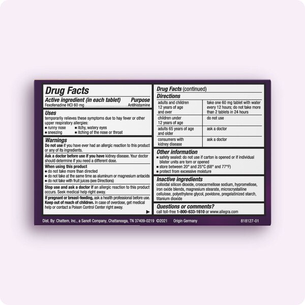 Allegra Adult Non-Drowsy Antihistamine Tablets for 12-Hour Allergy Relief, 60 mg, 12 CT