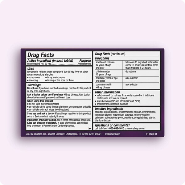 Allegra Adult 12HR Allergy Tablets, Non-Drowsy Antihistamine, 24 CT