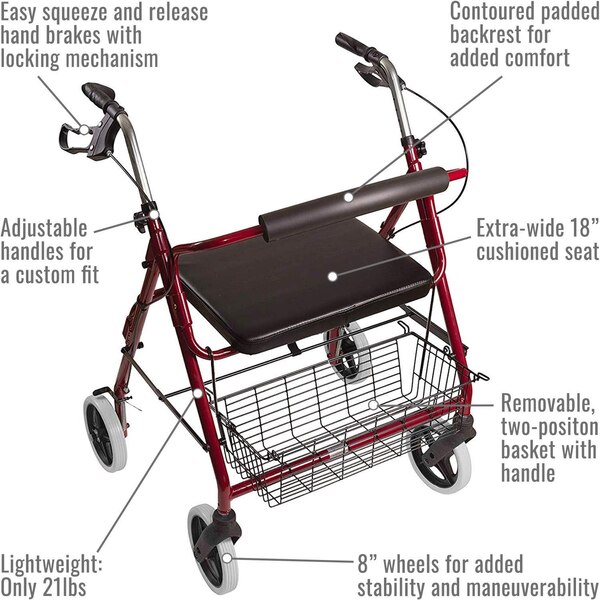 DMI Lightweight Extra-Wide Aluminum Rollator Walker
