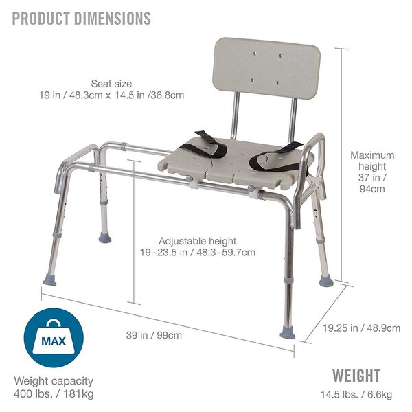 DMI Heavy-Duty Sliding Transfer Bench Shower Chair with Cut-out Seat and Adjustable Legs, Gray