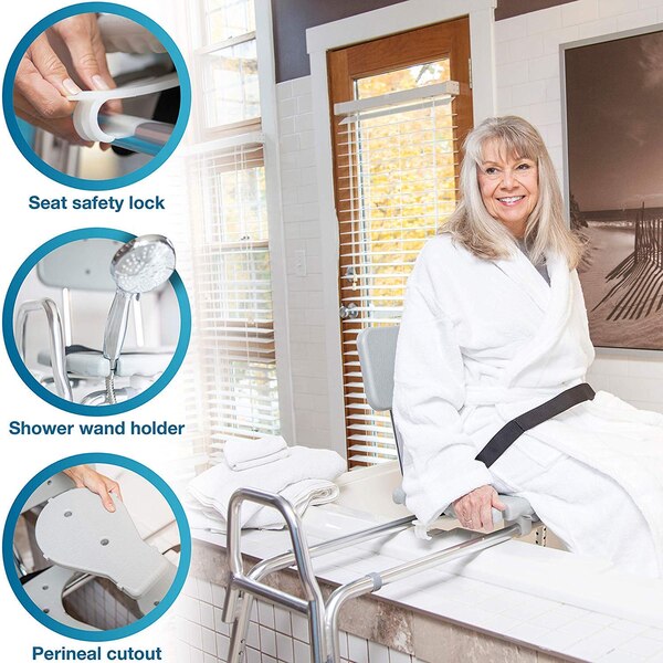 DMI Heavy-Duty Sliding Transfer Bench Shower Chair with Cut-out Seat and Adjustable Legs, Gray