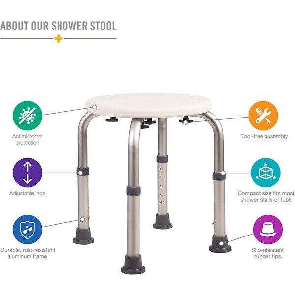 HealthSmart Compact Lightweight Shower Stool with Germ Protection, White