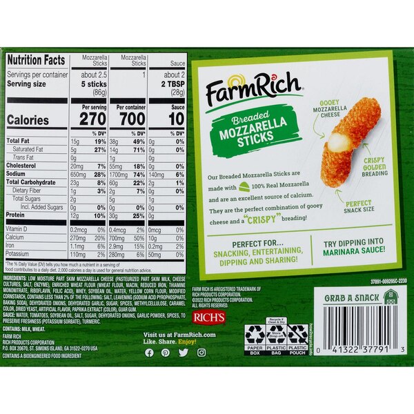 Farm Rich, Frozen Breaded Mozzarella Cheese Sticks with Marinara, 10 oz