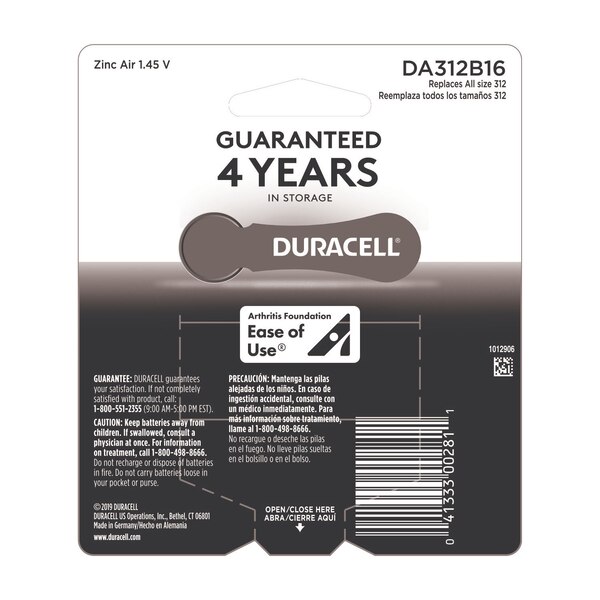 Duracell Hearing Aid Batteries Easytab, Size 312