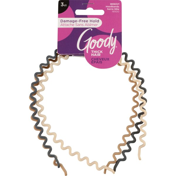 Goody Thick Hair Damage-Free Hold Headband, Assorted Colors, 3 CT